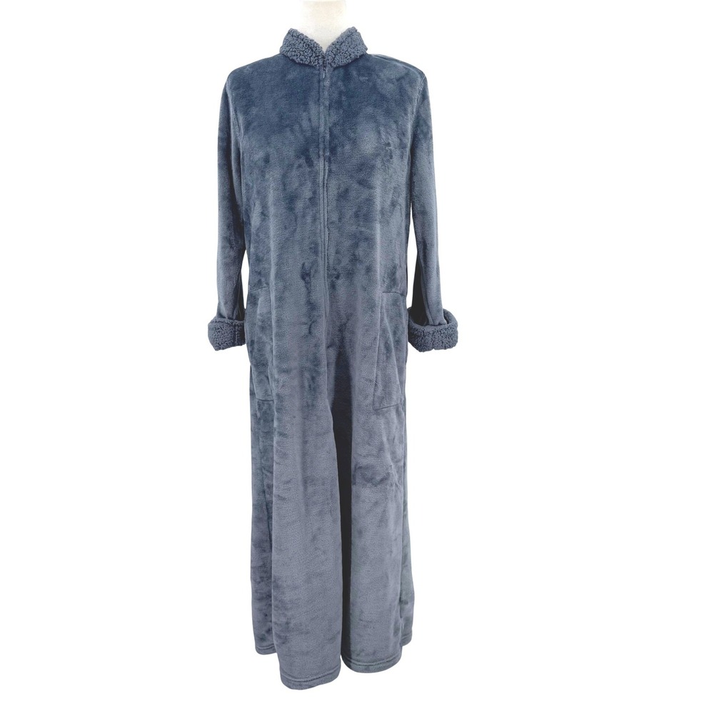 Natori Slate Blue Plush Faux Fur Half Zip Long Robe Sherpa Trim Size M Cozy Warm